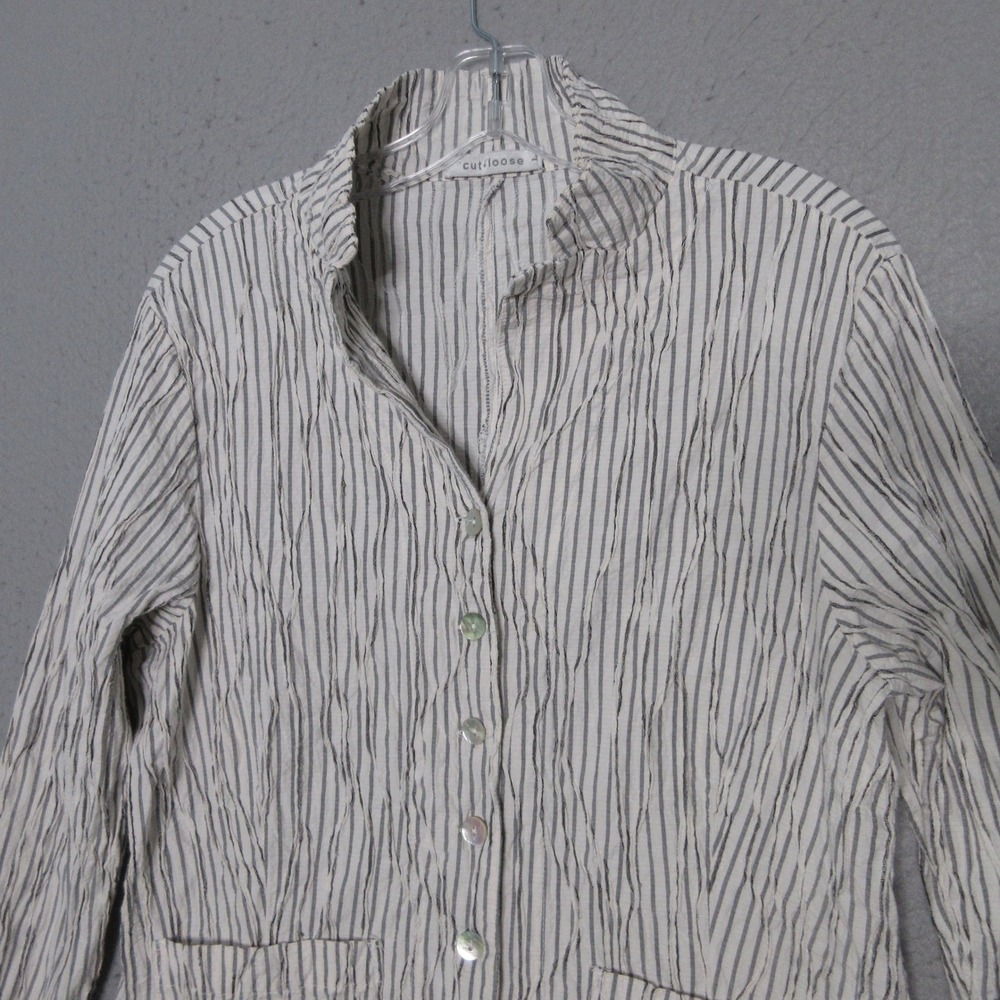 Cut Loose Top Large Striped Button Front Textured Crinkle Lagenlook Neutral USA